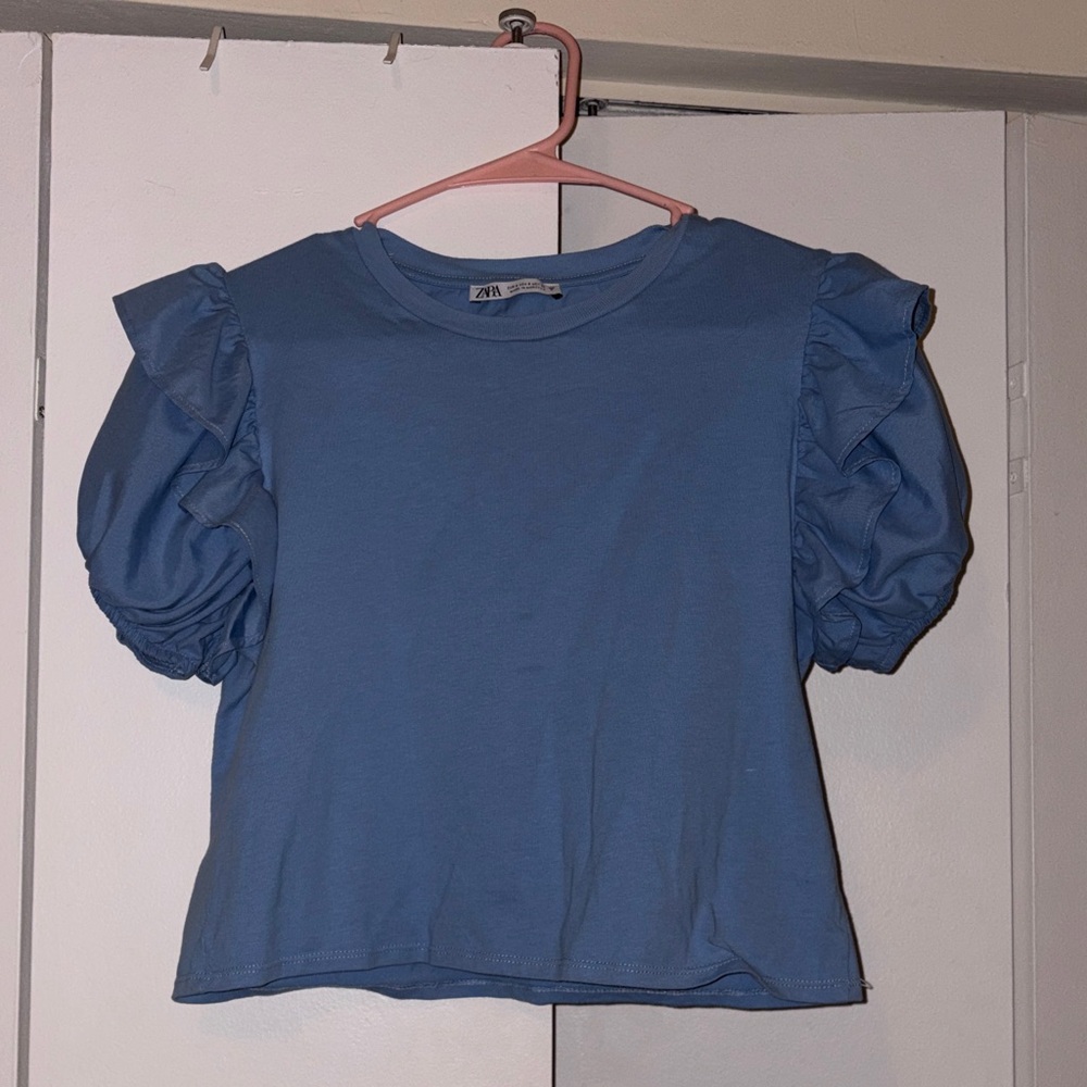 Zara Sky Blue Puff Sleeve Blouse